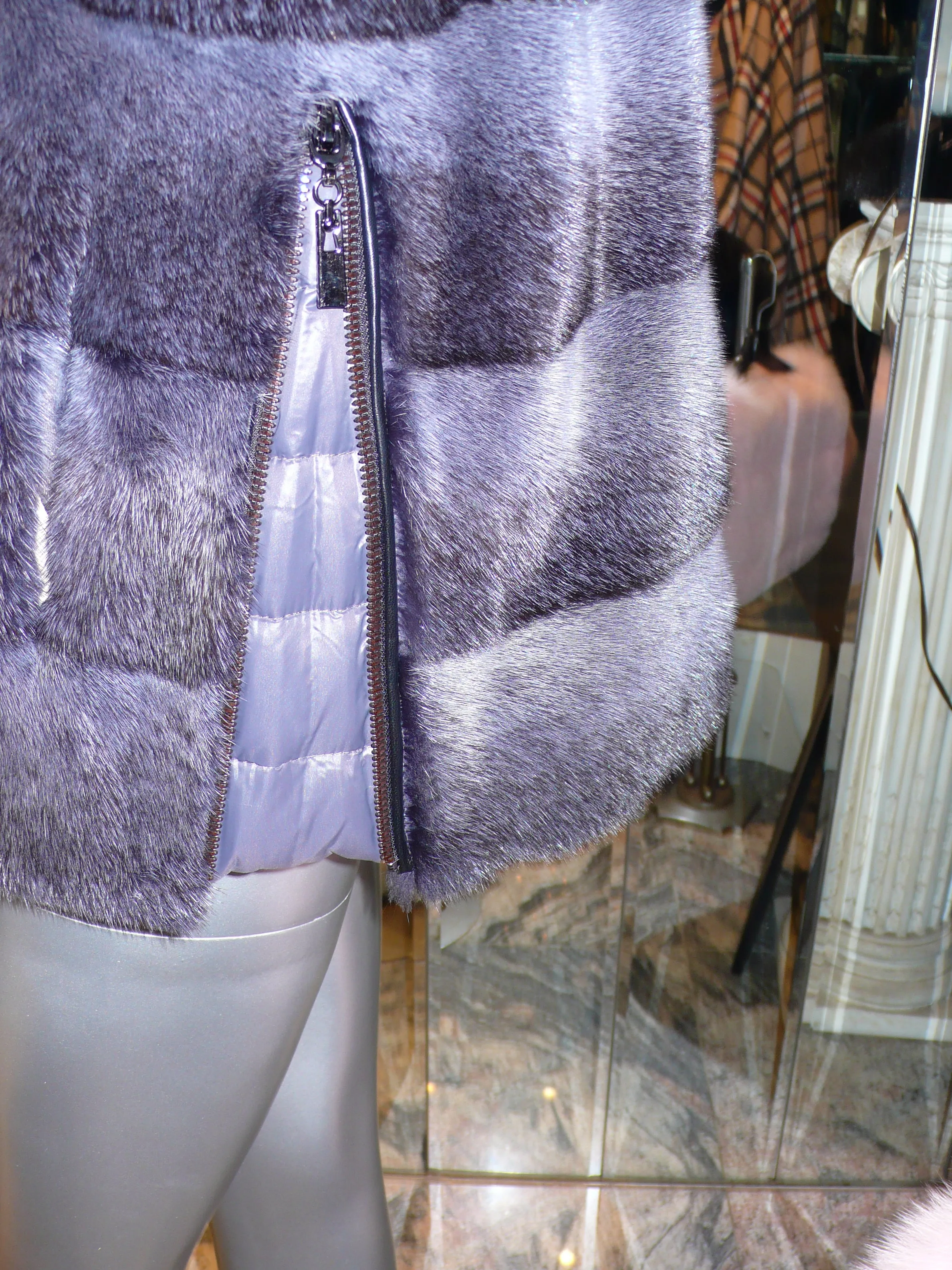 Modern Two-Tone Mink Fur Jacket with Full Fox Fur Trim Hood Dark Lavender