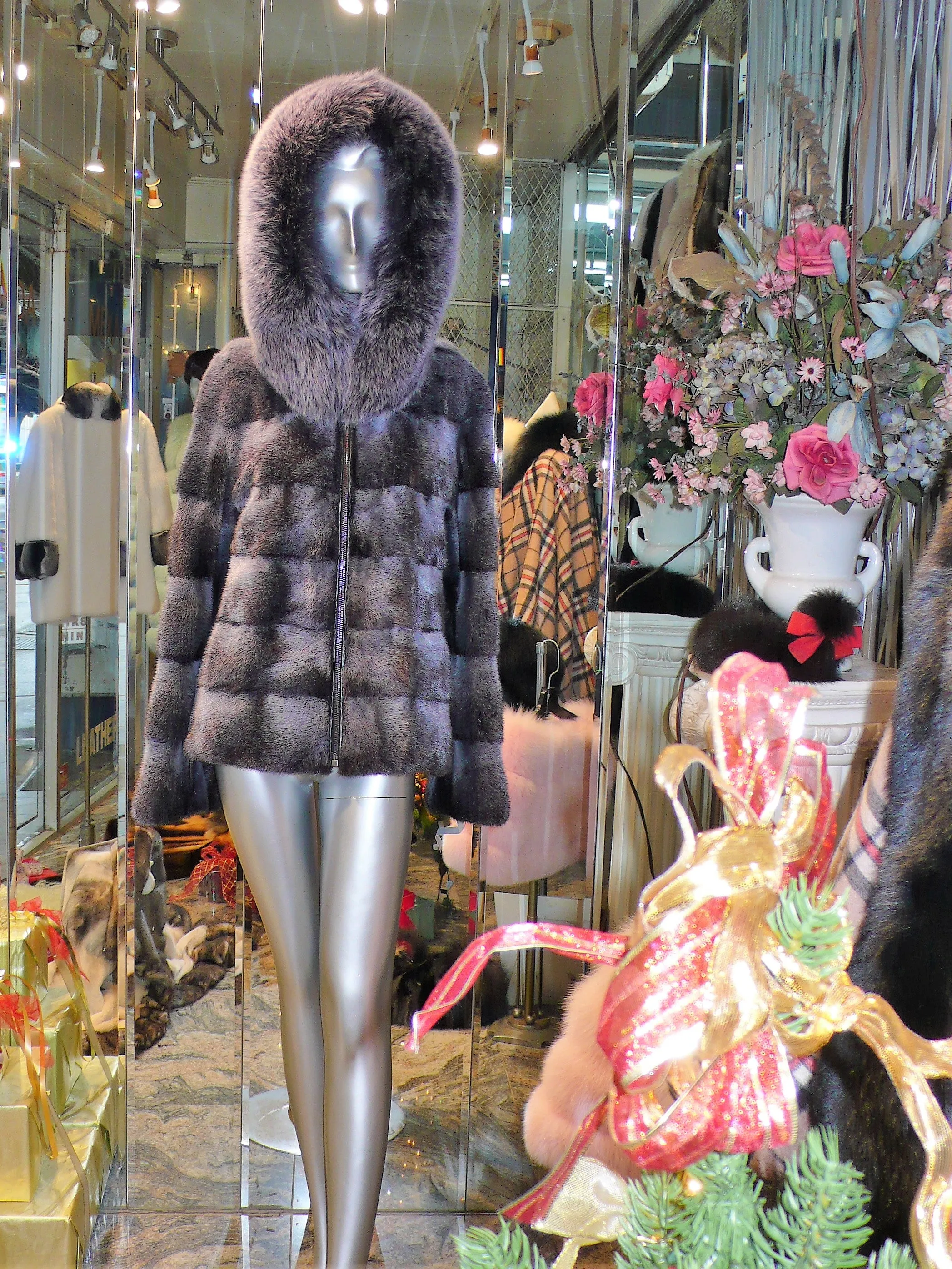 Modern Two-Tone Mink Fur Jacket with Full Fox Fur Trim Hood Dark Lavender