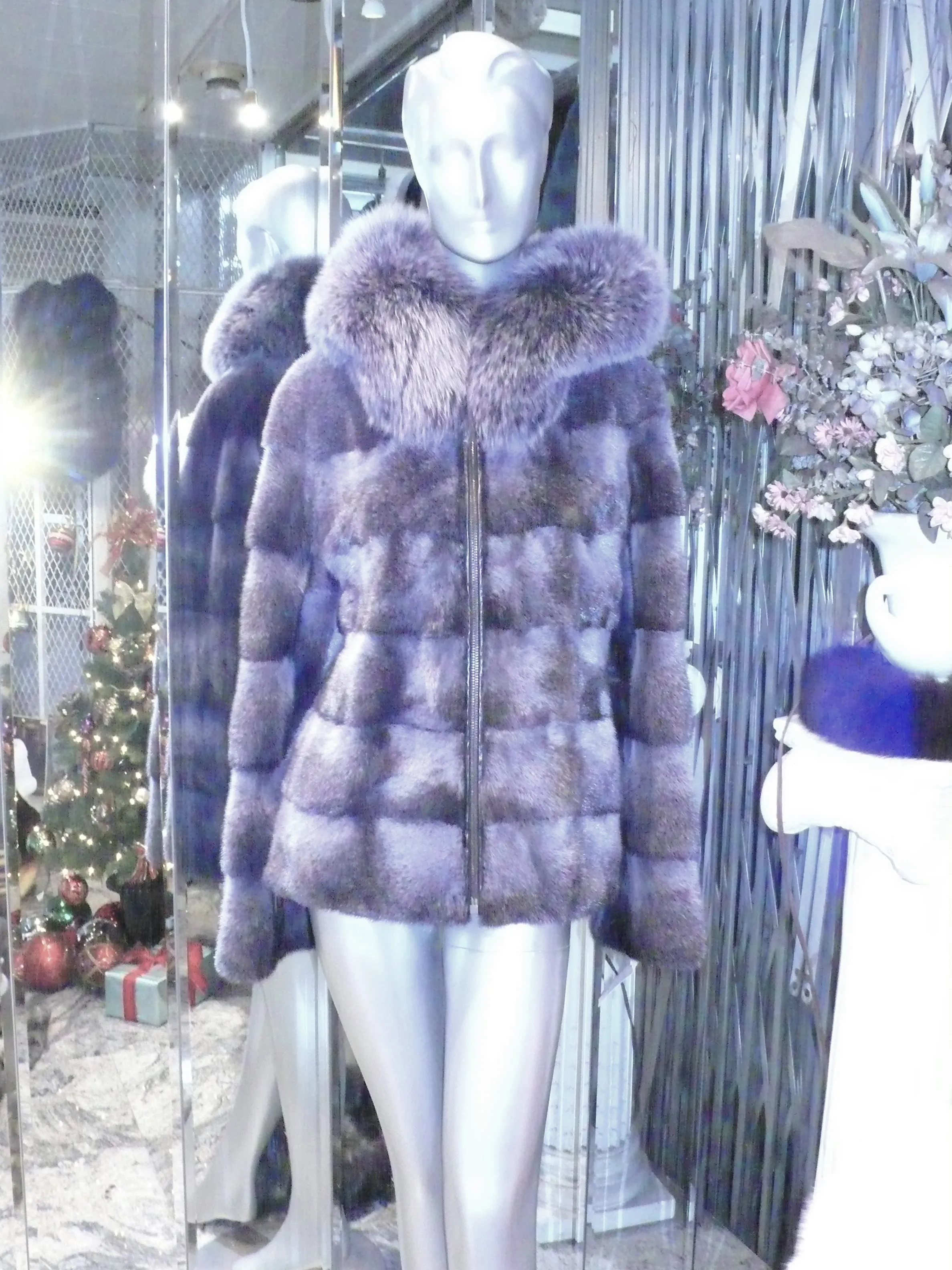 Modern Two-Tone Mink Fur Jacket with Full Fox Fur Trim Hood Dark Lavender