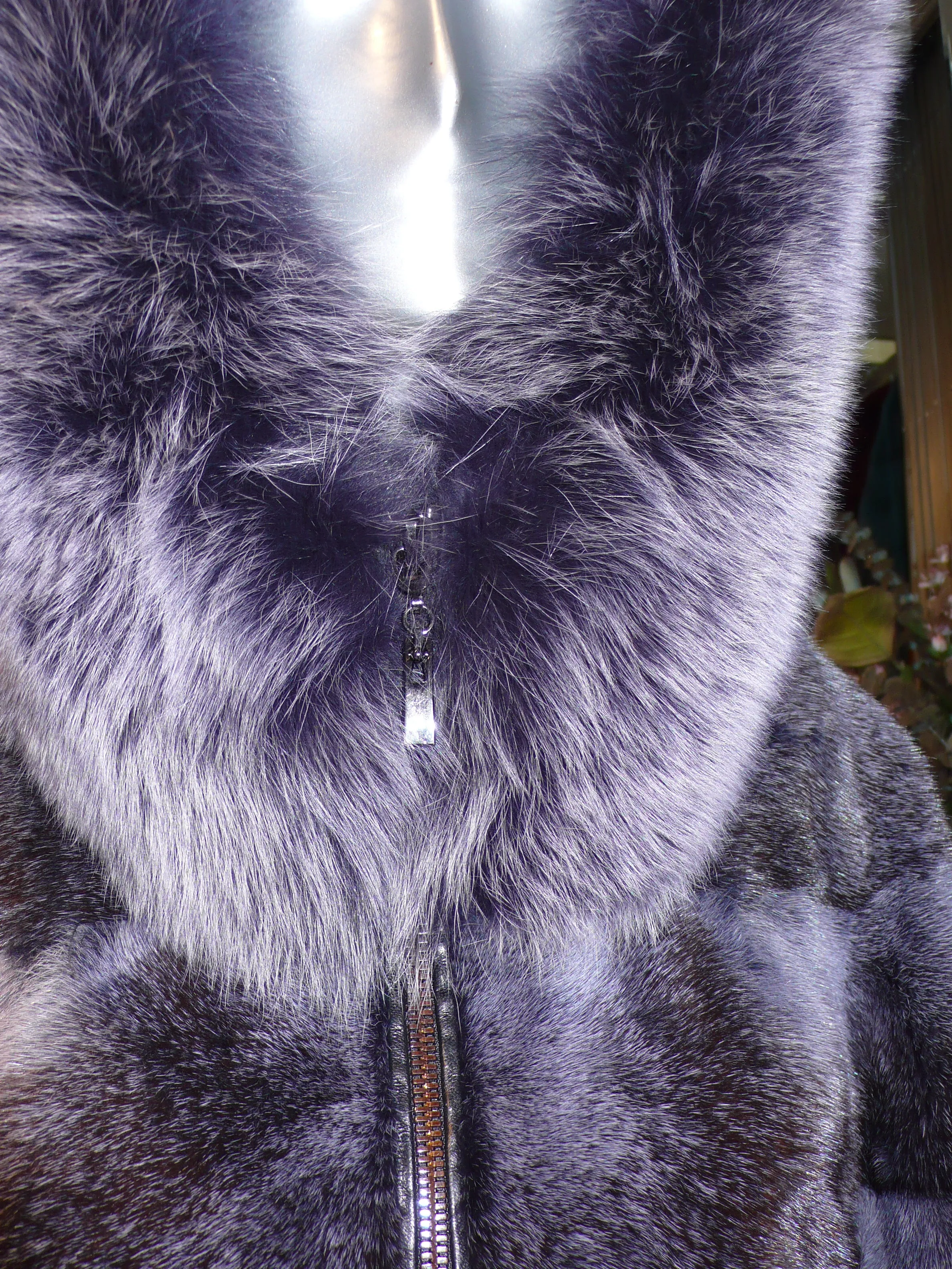 Modern Two-Tone Mink Fur Jacket with Full Fox Fur Trim Hood Dark Lavender