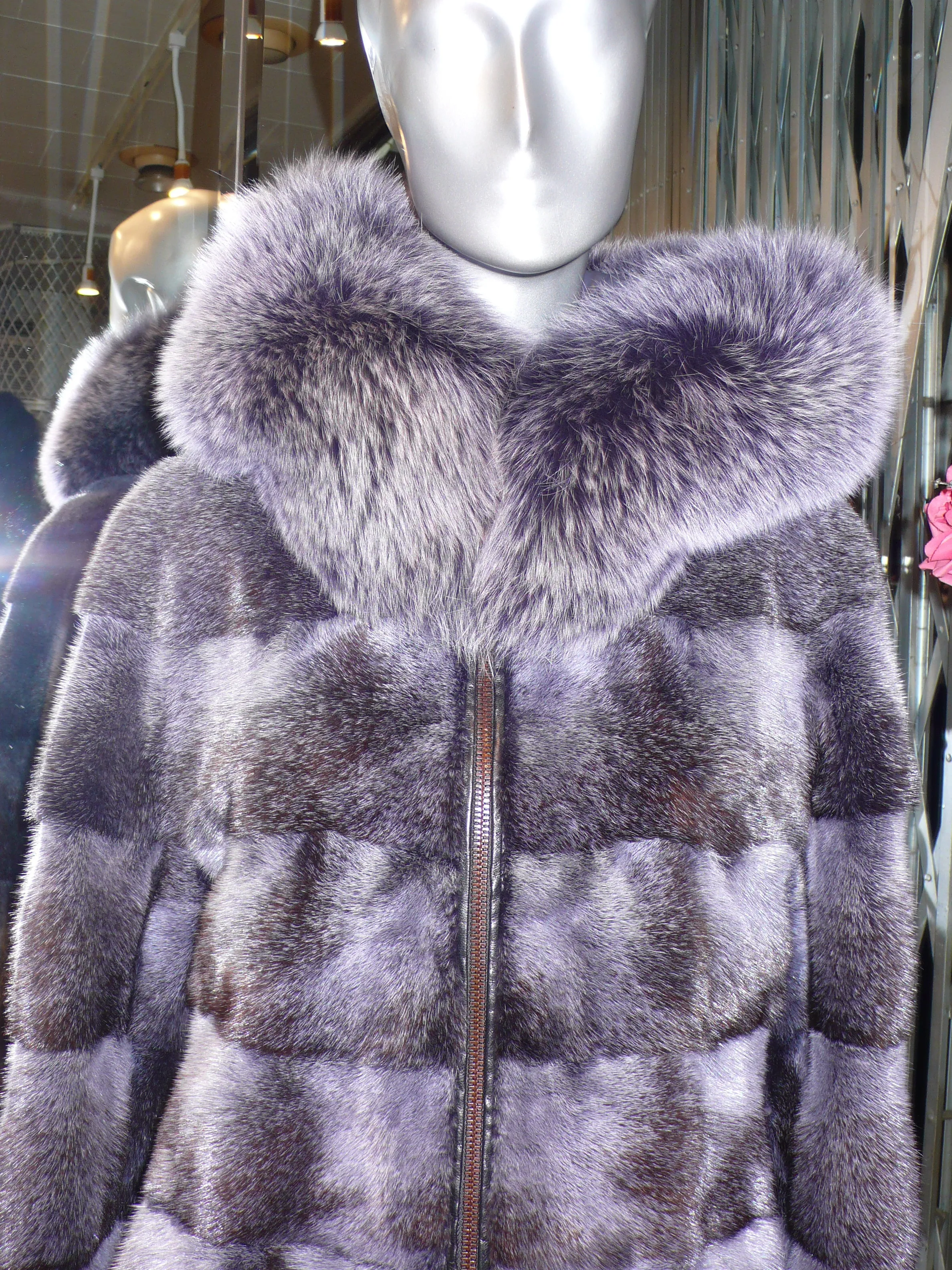 Modern Two-Tone Mink Fur Jacket with Full Fox Fur Trim Hood Dark Lavender