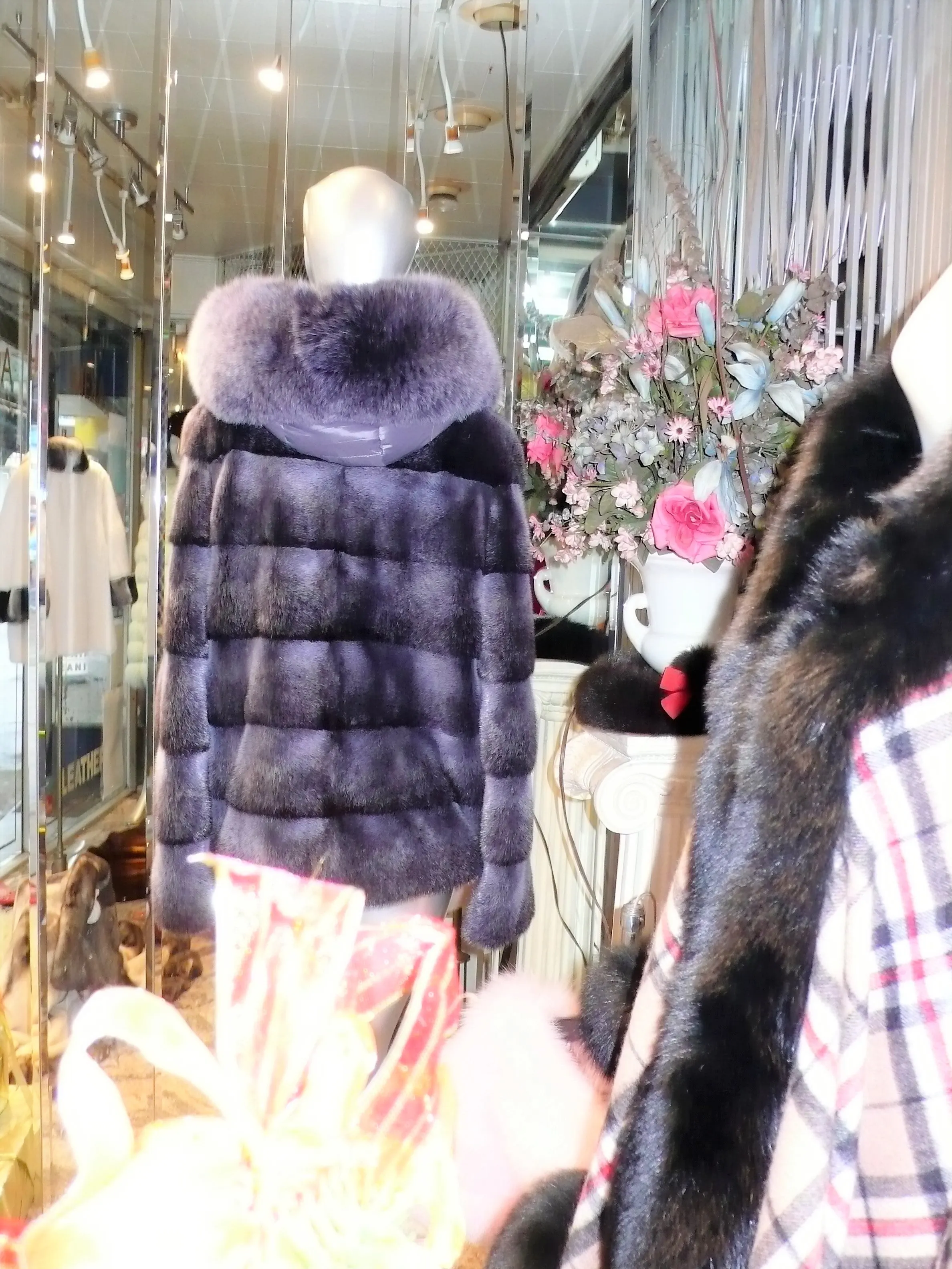 Modern Two-Tone Mink Fur Jacket with Full Fox Fur Trim Hood Dark Lavender