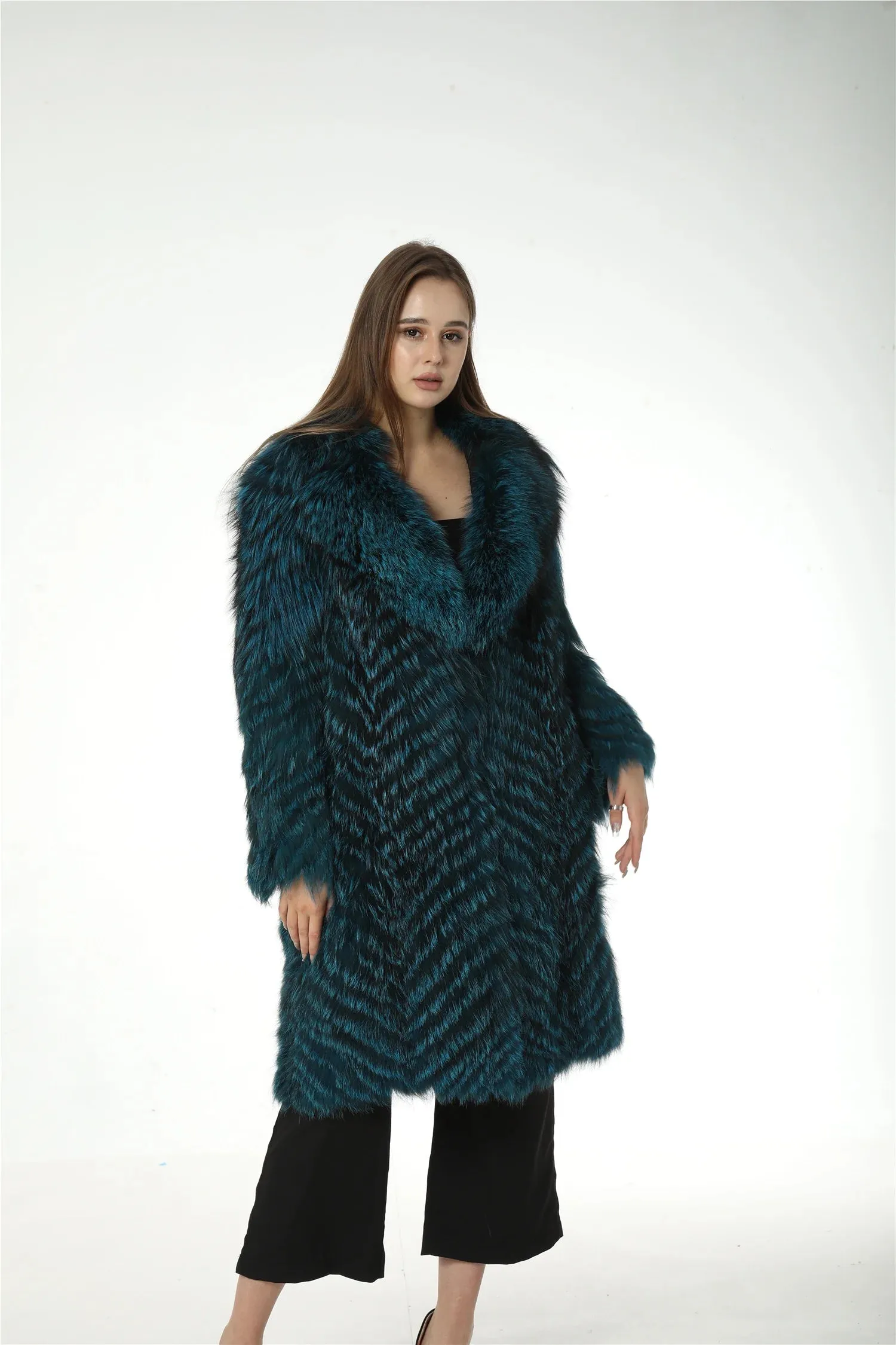 Natural Fox Fur Stripe Coat with Big Collar, Furry Fluffy Coat, Long, Real, Blue Color, Green, Red