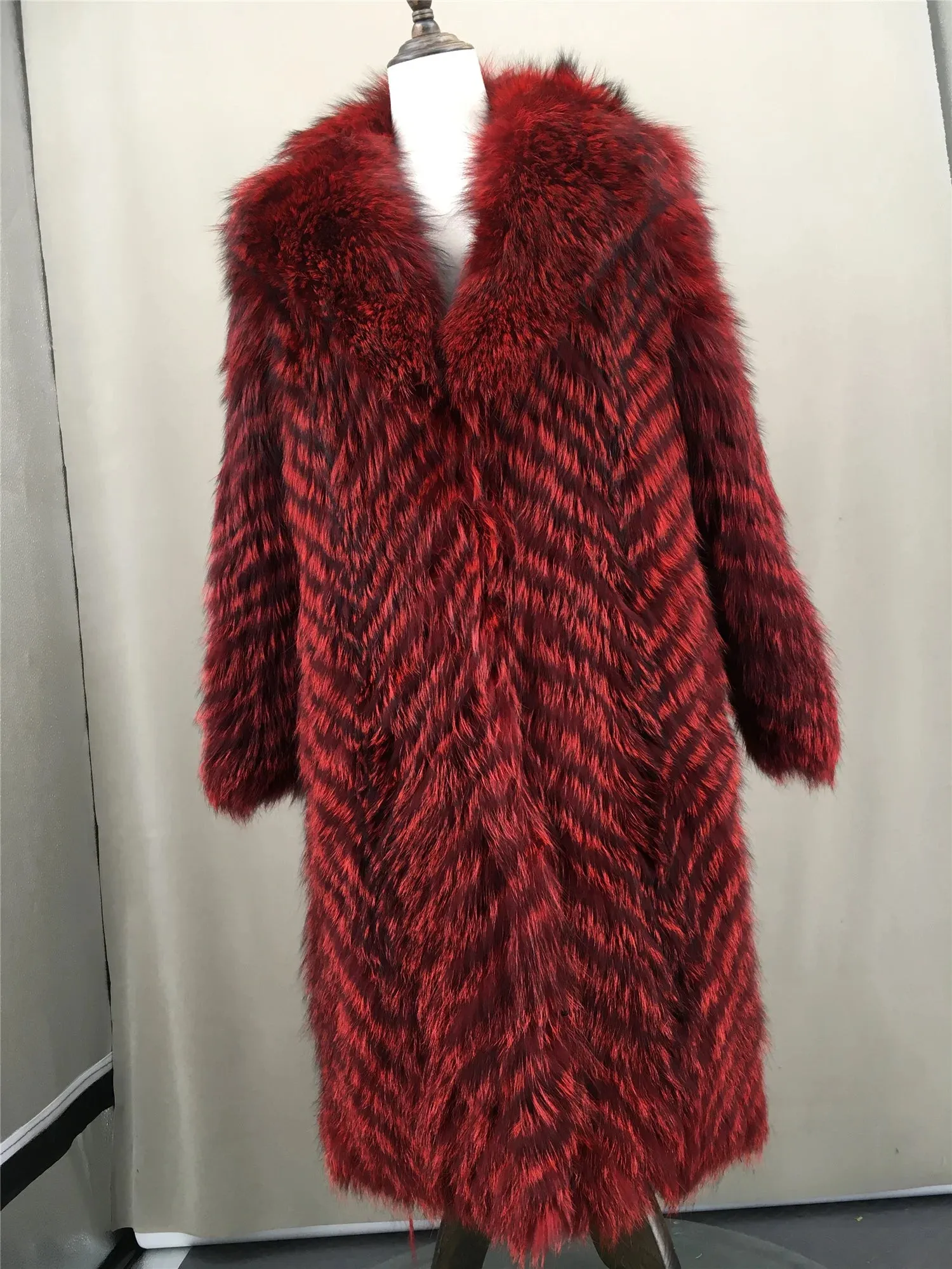 Natural Fox Fur Stripe Coat with Big Collar, Furry Fluffy Coat, Long, Real, Blue Color, Green, Red