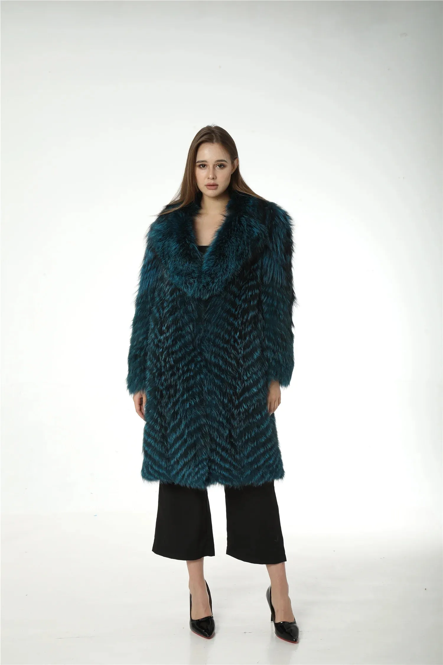 Natural Fox Fur Stripe Coat with Big Collar, Furry Fluffy Coat, Long, Real, Blue Color, Green, Red