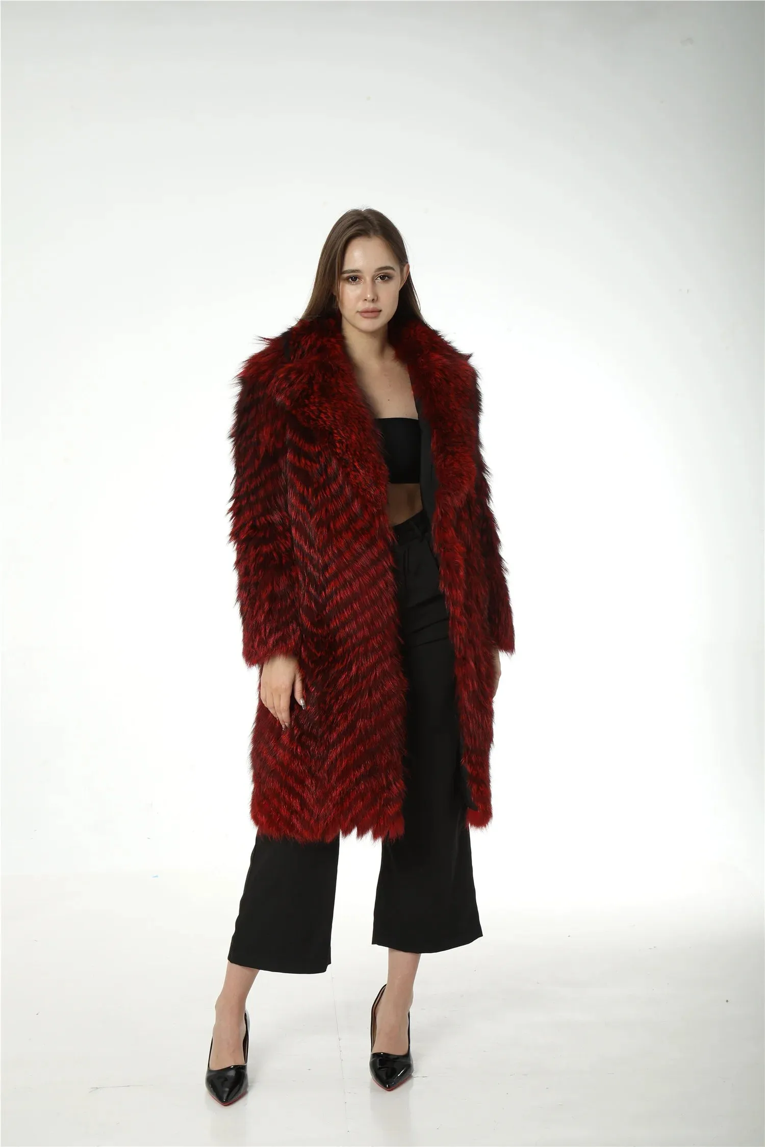 Natural Fox Fur Stripe Coat with Big Collar, Furry Fluffy Coat, Long, Real, Blue Color, Green, Red