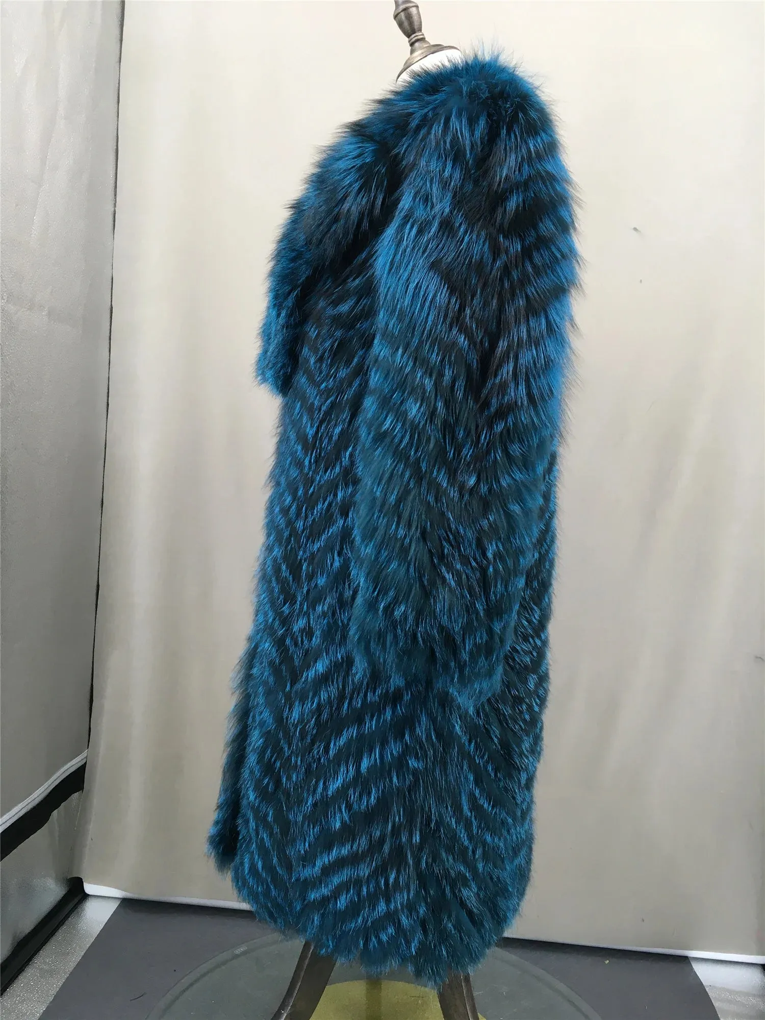 Natural Fox Fur Stripe Coat with Big Collar, Furry Fluffy Coat, Long, Real, Blue Color, Green, Red