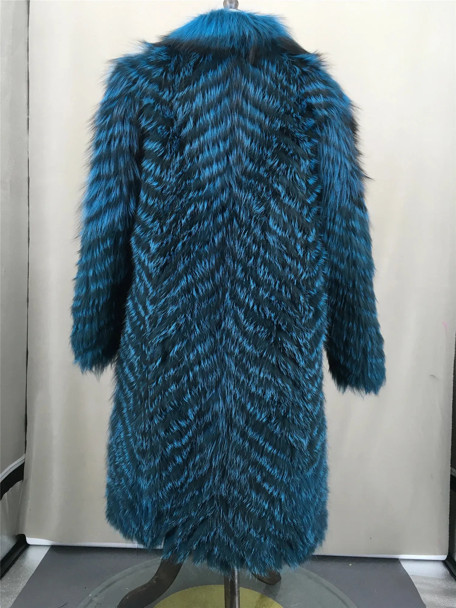 Natural Fox Fur Stripe Coat with Big Collar, Furry Fluffy Coat, Long, Real, Blue Color, Green, Red