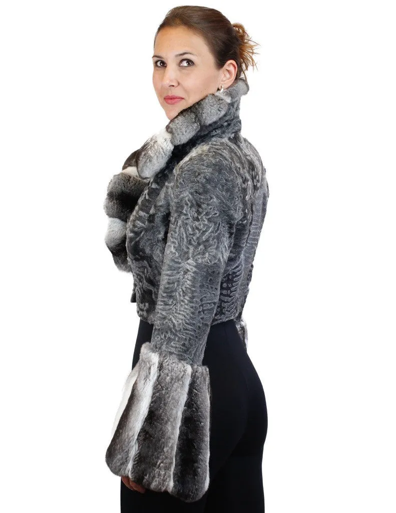 NATURAL GRAY RUSSIAN BROADTAIL & CHINCHILLA FUR SHORT BOLERO JACKET W/ BELL SLEEVES