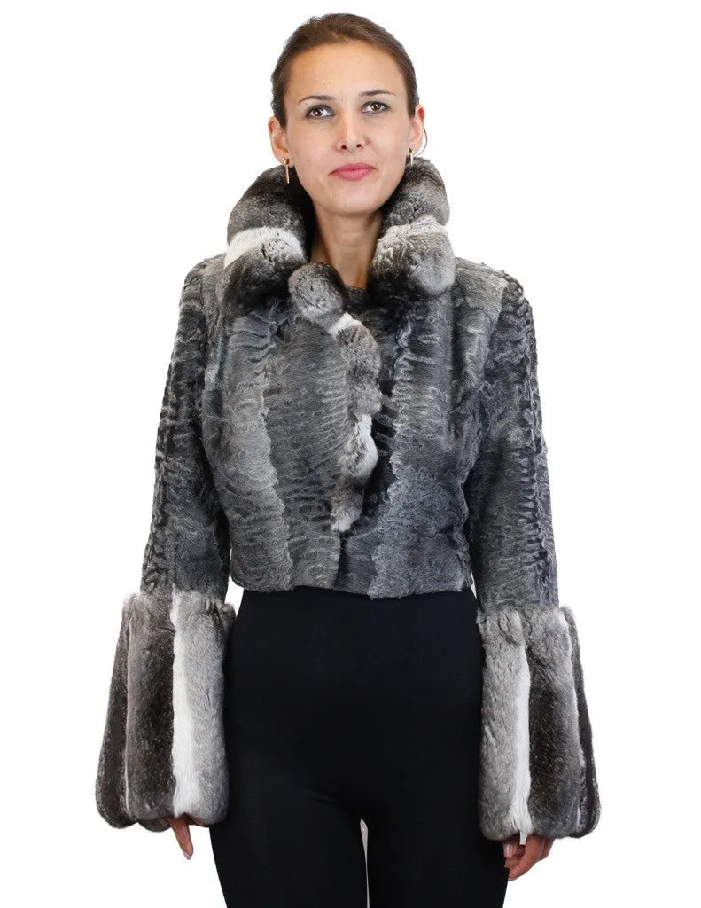 NATURAL GRAY RUSSIAN BROADTAIL & CHINCHILLA FUR SHORT BOLERO JACKET W/ BELL SLEEVES