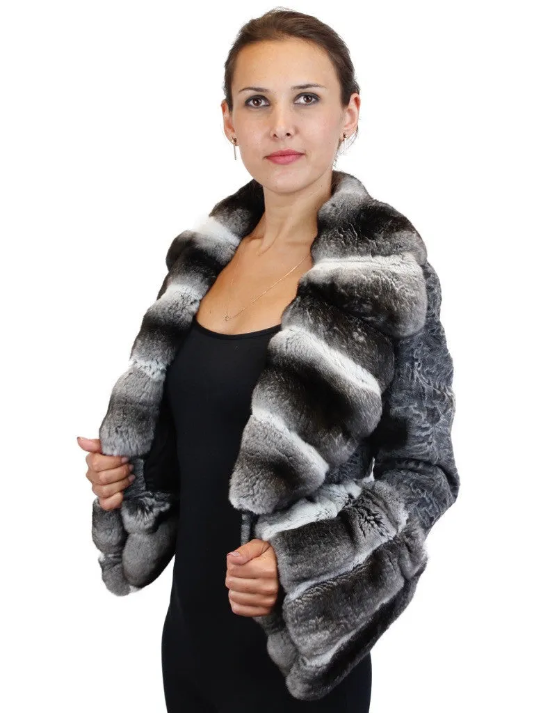 NATURAL GRAY RUSSIAN BROADTAIL & CHINCHILLA FUR SHORT BOLERO JACKET W/ BELL SLEEVES