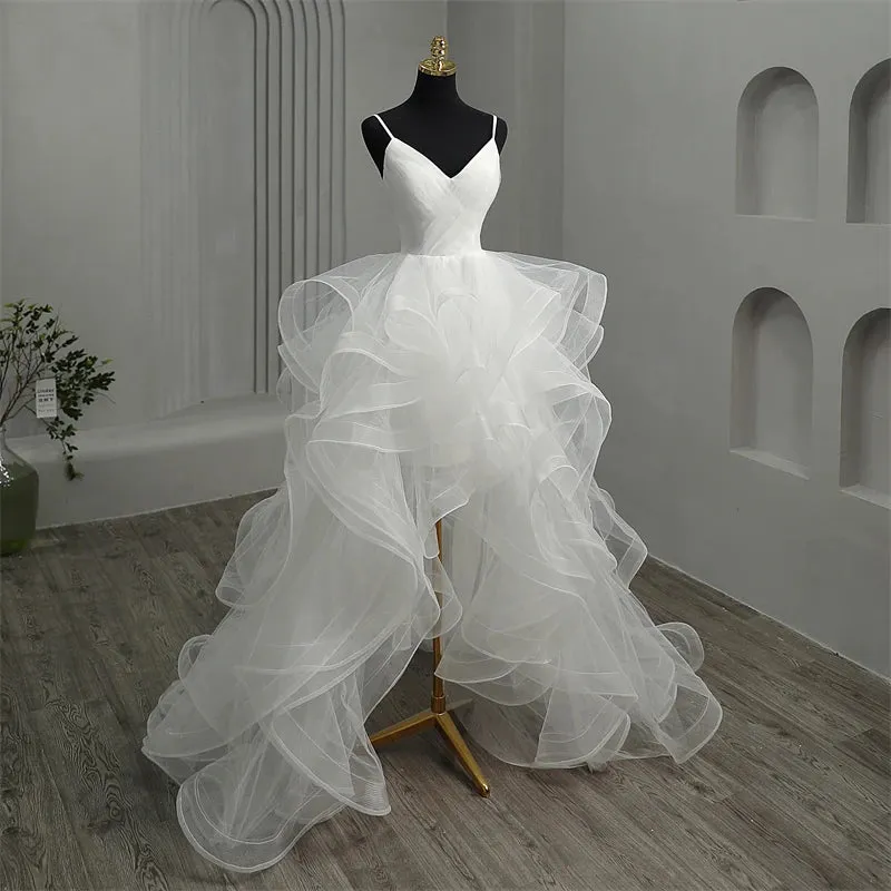 New Short Front Long Back Gothic White Wedding Dress Spaghetti Straps V Neck High-low Bridal Gown