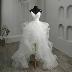 New Short Front Long Back Gothic White Wedding Dress Spaghetti Straps V Neck High-low Bridal Gown