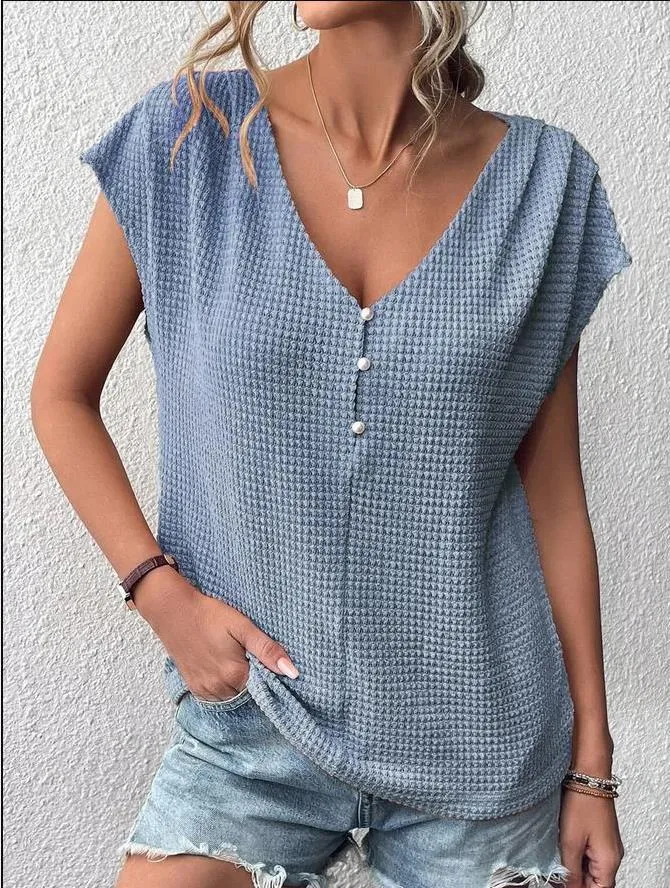 New waffle casual solid button panels women's short-sleeved T-shirt