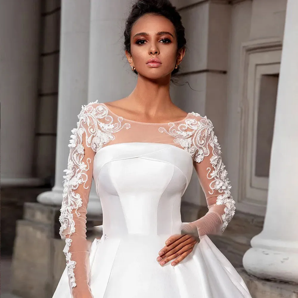 O-Neck Long Sleeve A-Line Beading Flowers Satin Wedding Dress Bridal Gown