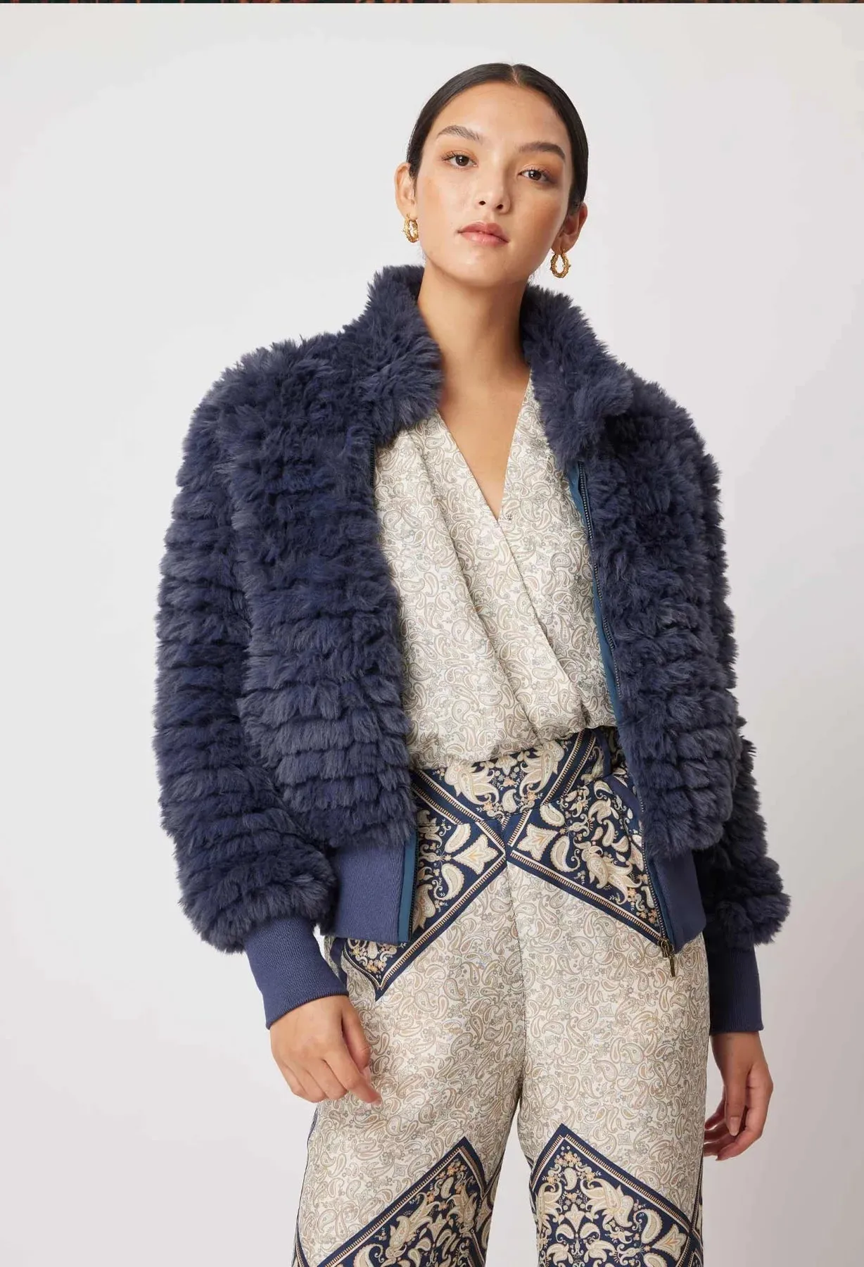 ONCE WAS NOVELLA FAUX FUR JACKET IN NAVY