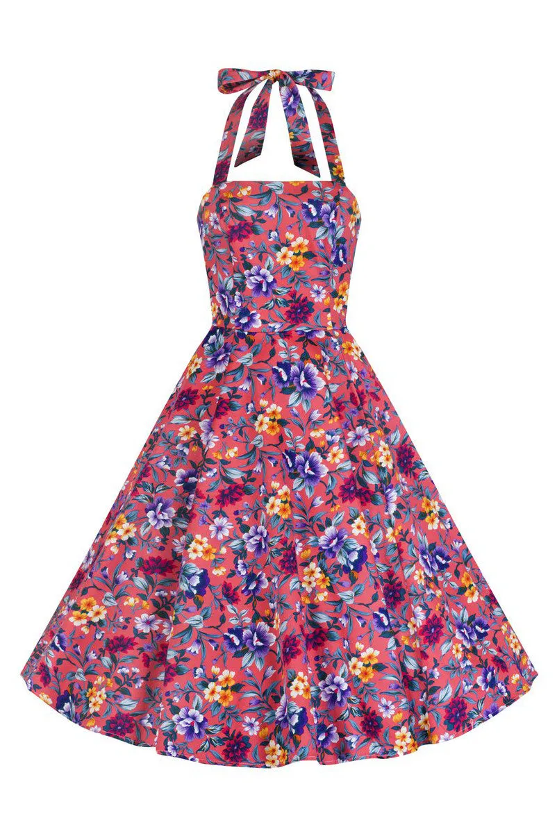 Pink Multi Floral Rockabilly Halter Neck Swing Dress