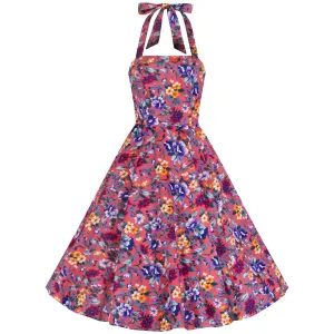 Pink Multi Floral Rockabilly Halter Neck Swing Dress