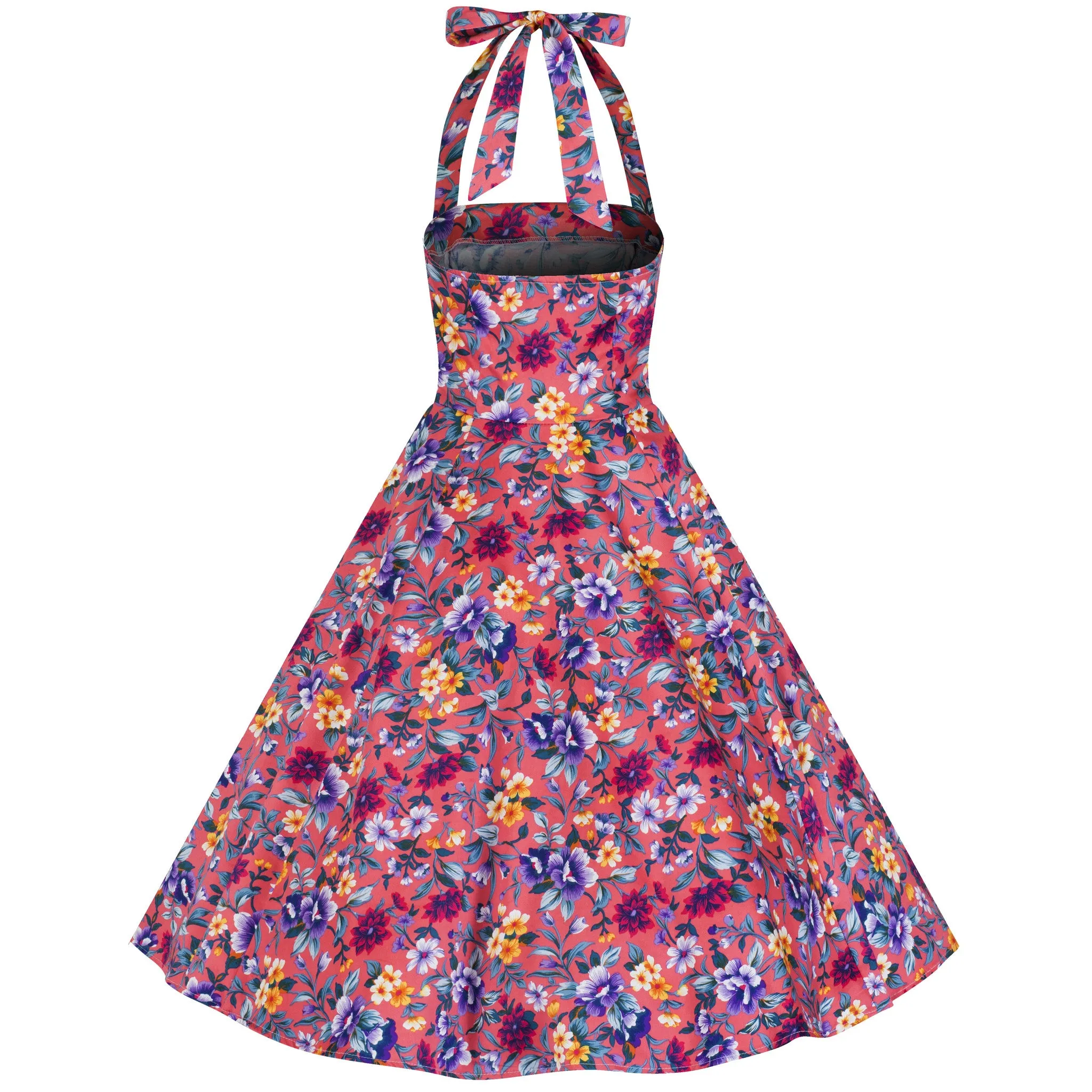 Pink Multi Floral Rockabilly Halter Neck Swing Dress