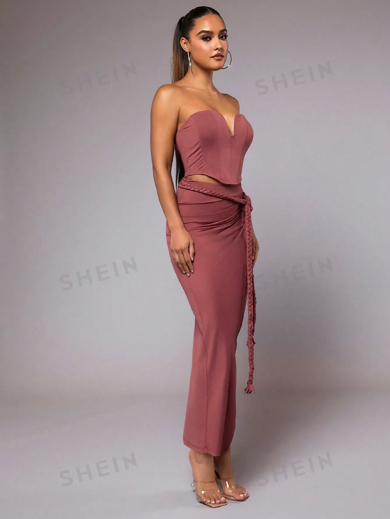 Pink Strapless Off-Shoulder Sexy Top And Twist Straps Draped Long Skirt Elegant Women Two-Piece Set