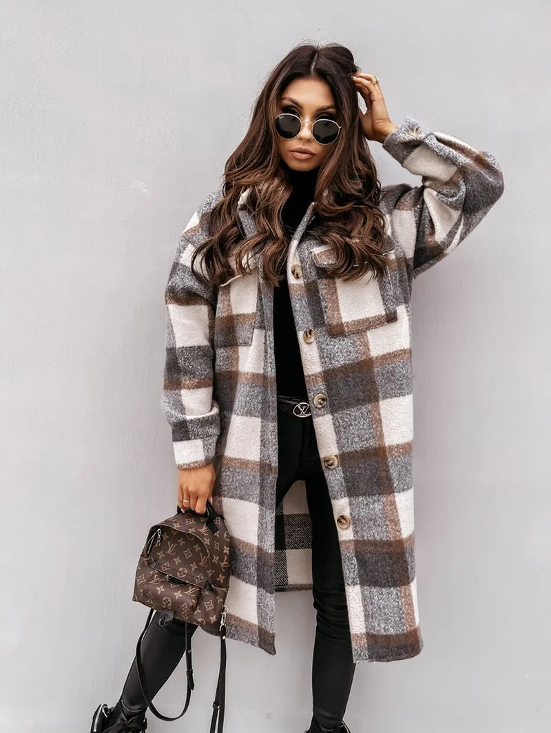 Plaid print woolen coat