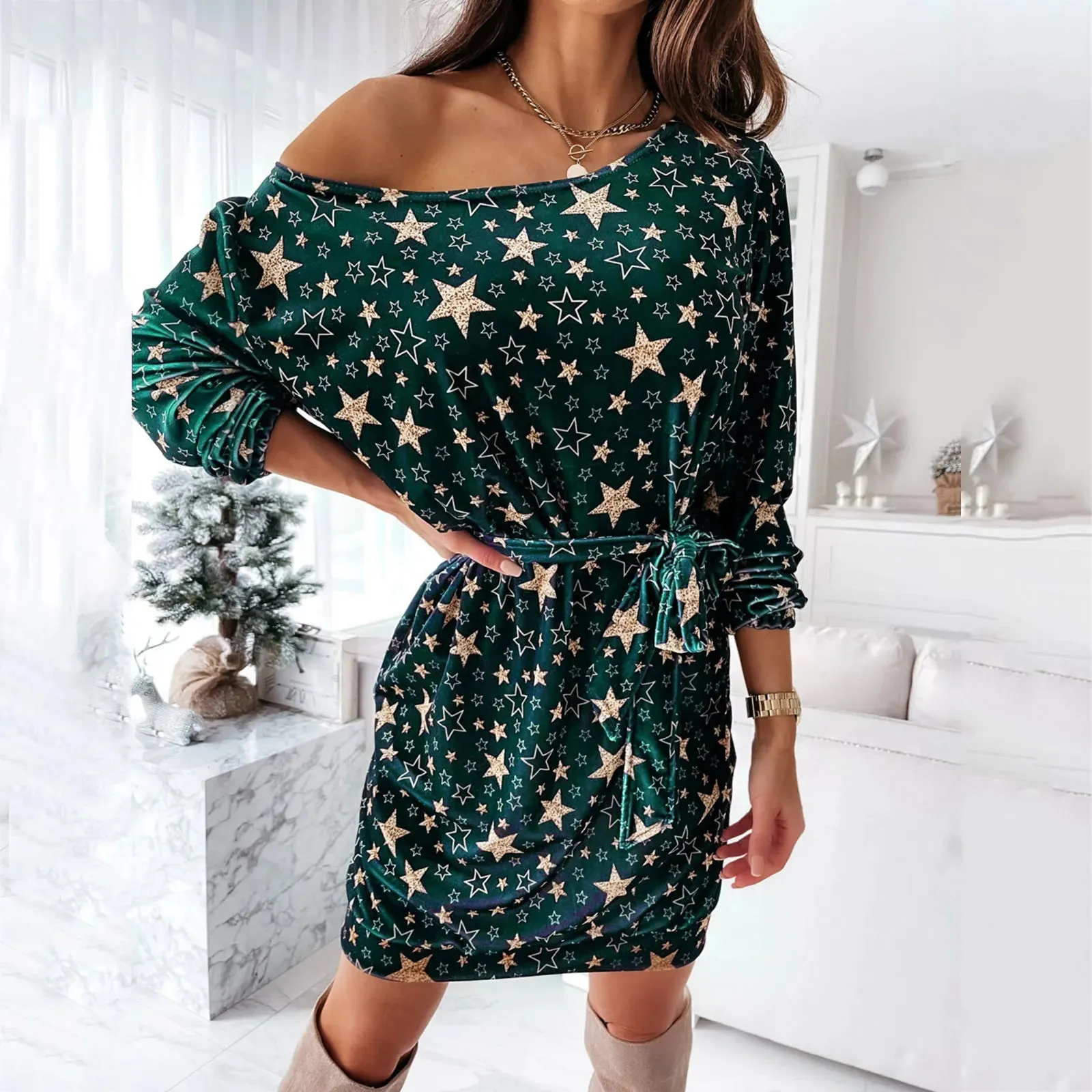 Printed Slim Vintage A-Line Casual Star Dress