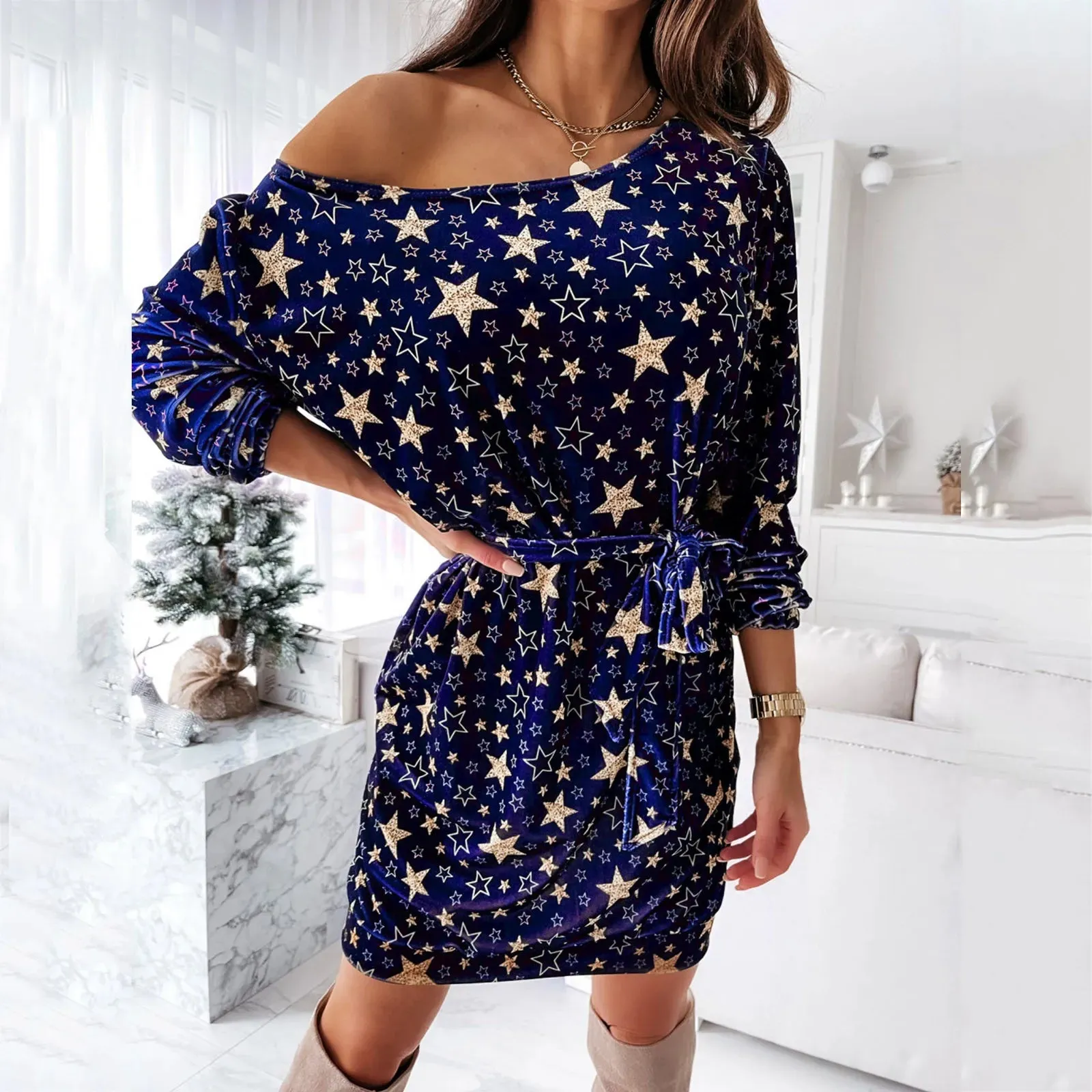 Printed Slim Vintage A-Line Casual Star Dress