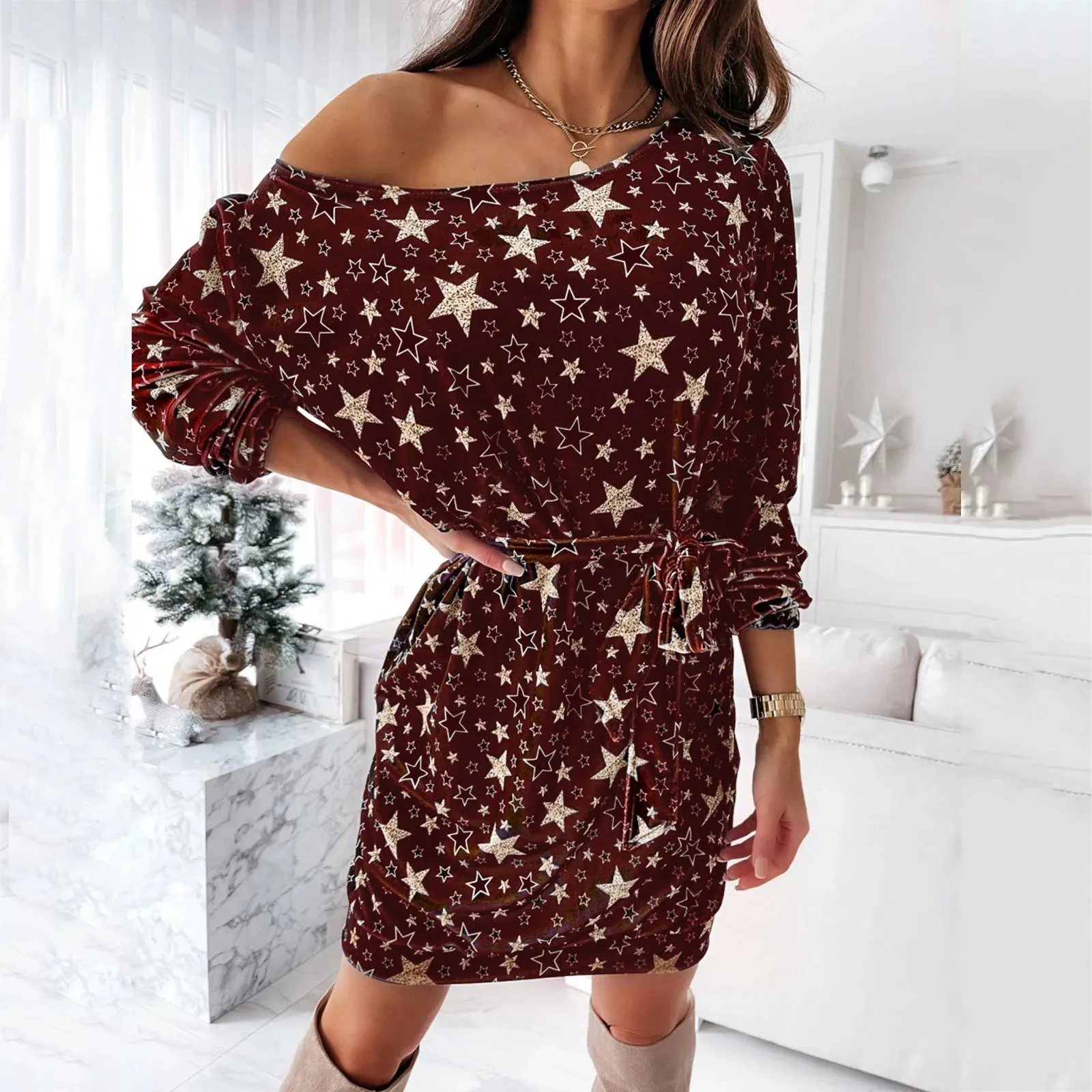 Printed Slim Vintage A-Line Casual Star Dress