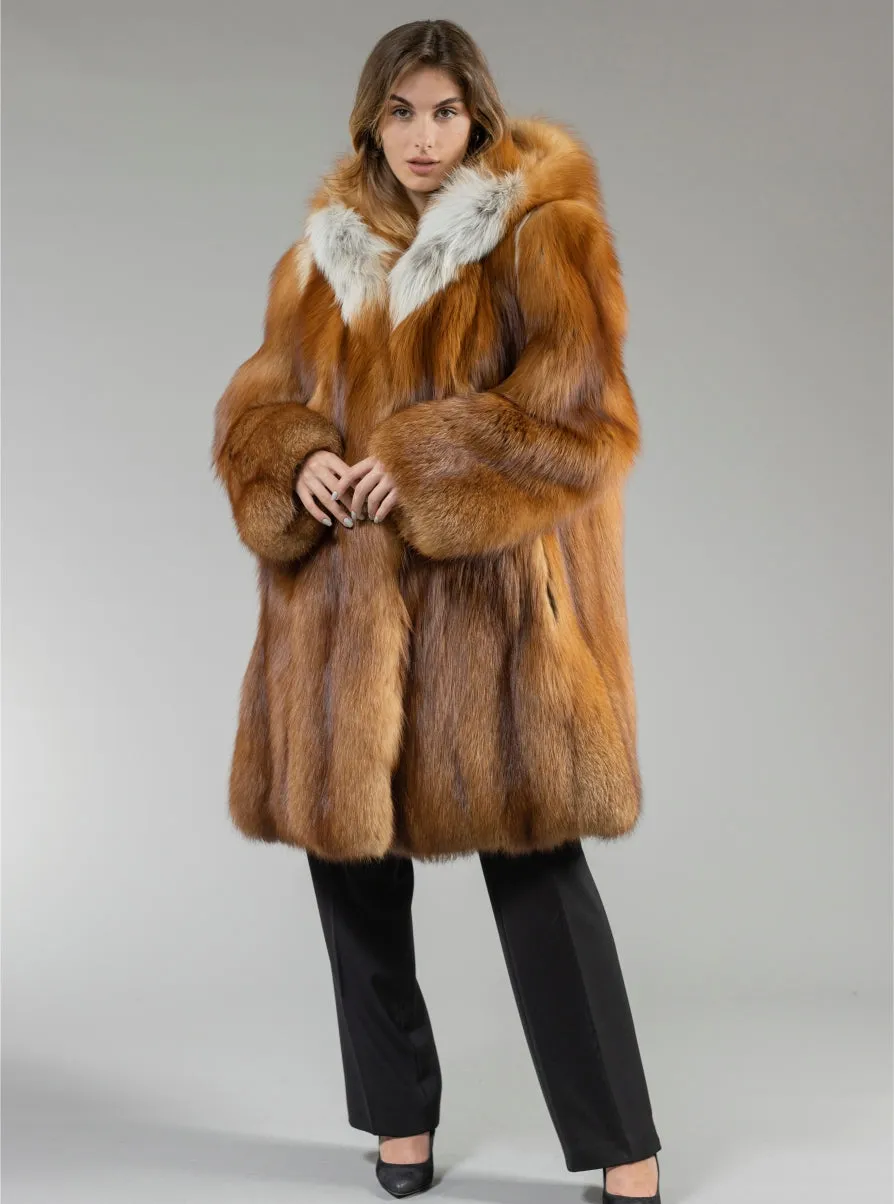 Real Red Fox Fur Coat Hooded