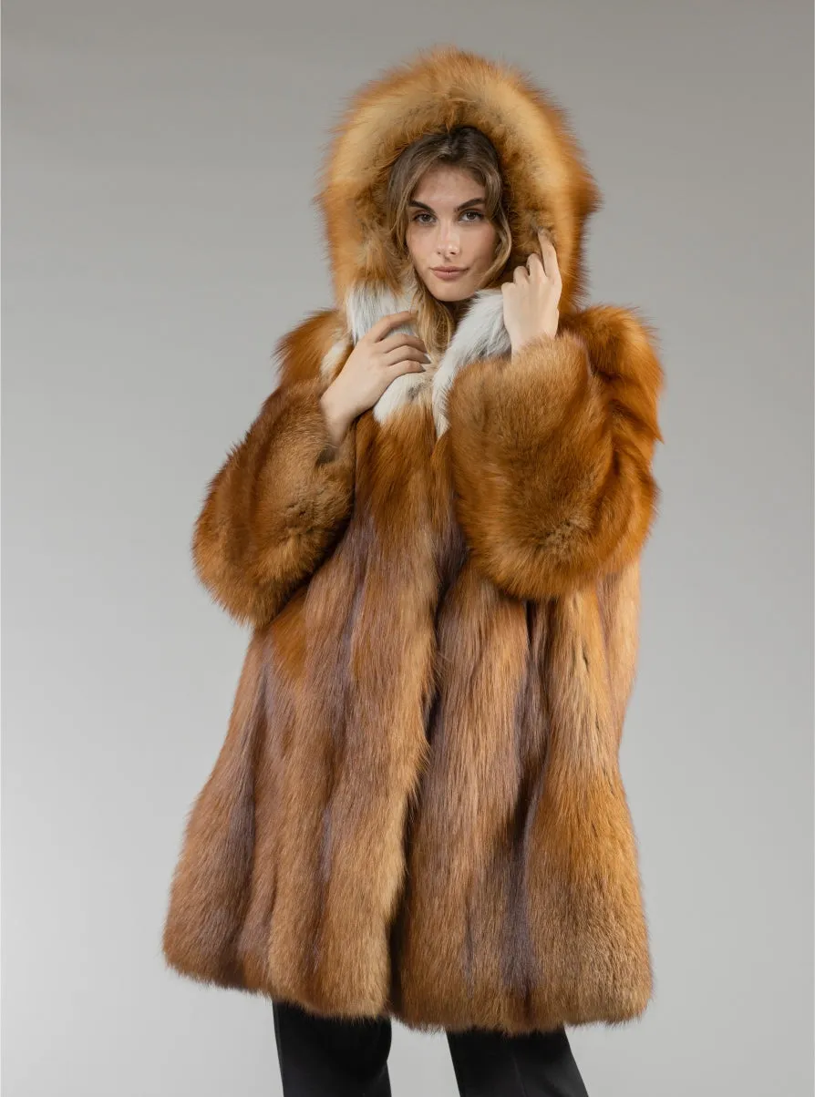 Real Red Fox Fur Coat Hooded