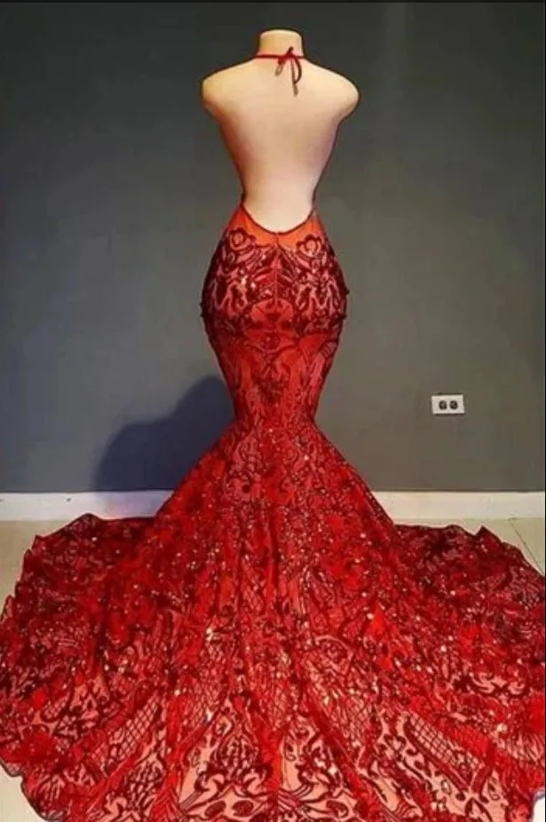 Red Halter Mermaid Prom Dress With Sequins Lace