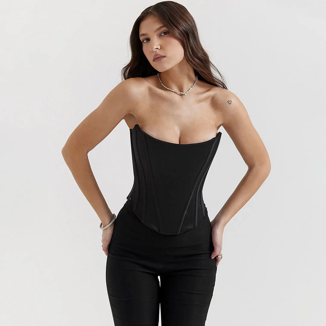 Sexy Solid Color Strapless Sweetheart Neck Lace Up Satin Crop Corset Top