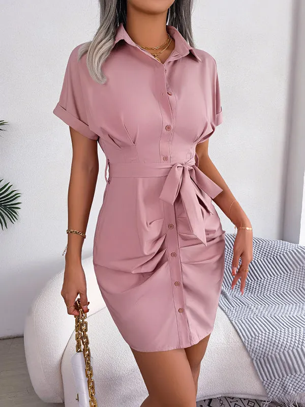 Short Sleeves Bandage Pleated Solid Color Lapel Mini Dresses