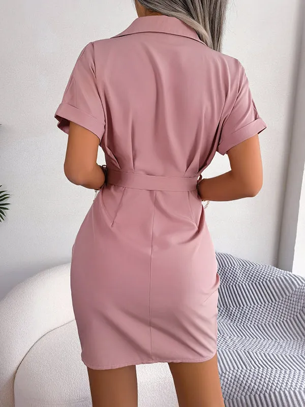 Short Sleeves Bandage Pleated Solid Color Lapel Mini Dresses