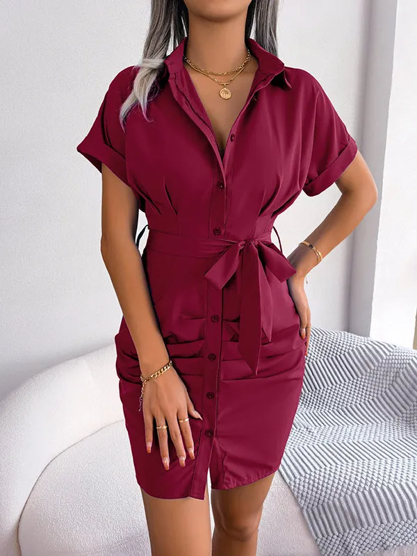 Short Sleeves Bandage Pleated Solid Color Lapel Mini Dresses