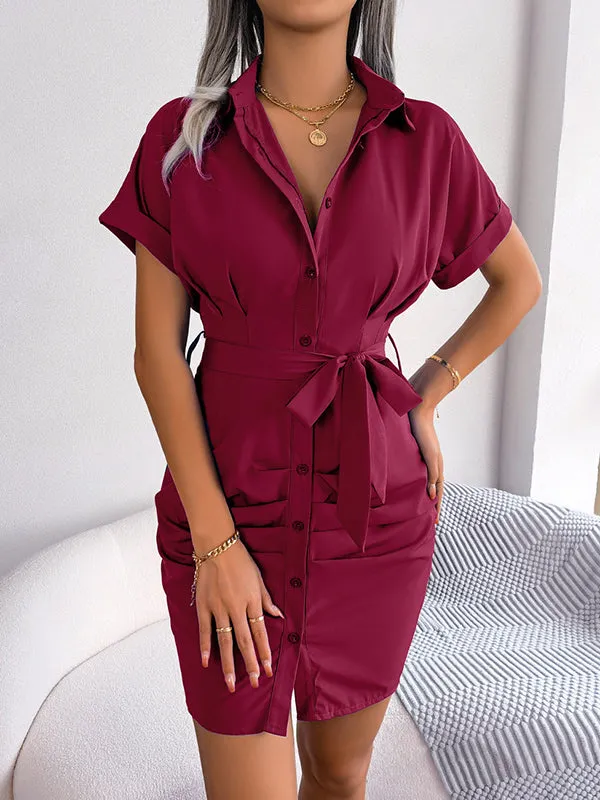 Short Sleeves Bandage Pleated Solid Color Lapel Mini Dresses