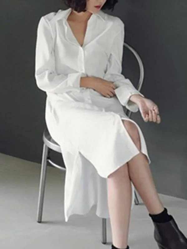 Simple Casual Solid Color Buttoned Lapel Collar Long Sleeves Midi Shirt Dress