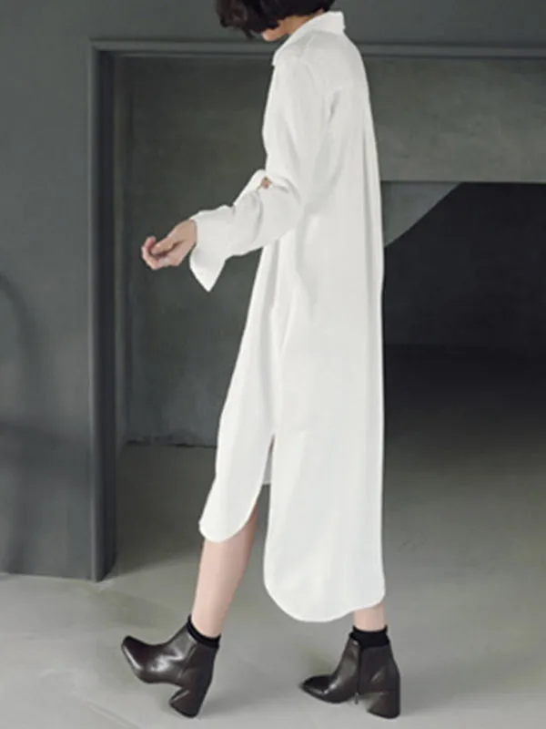 Simple Casual Solid Color Buttoned Lapel Collar Long Sleeves Midi Shirt Dress