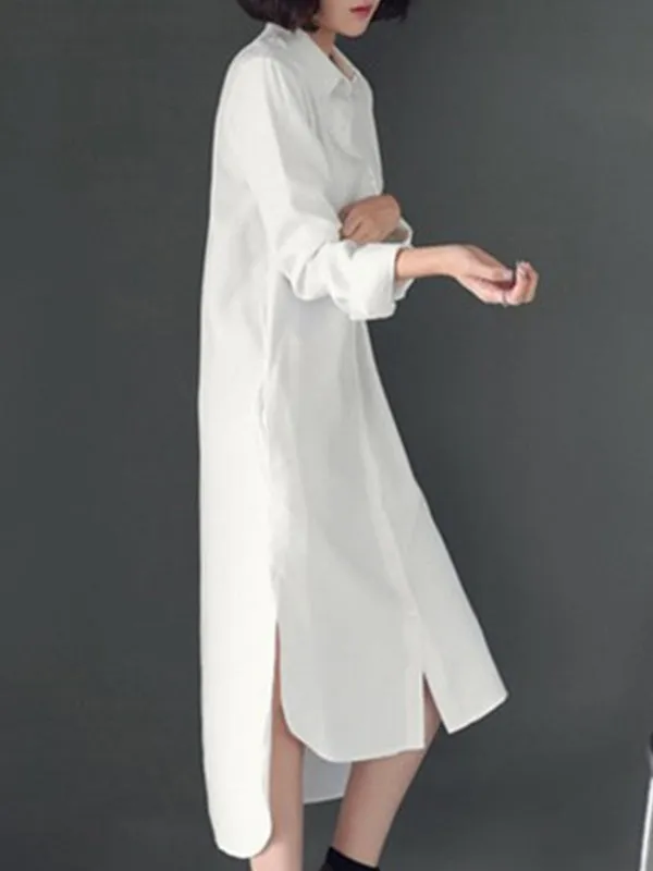 Simple Casual Solid Color Buttoned Lapel Collar Long Sleeves Midi Shirt Dress