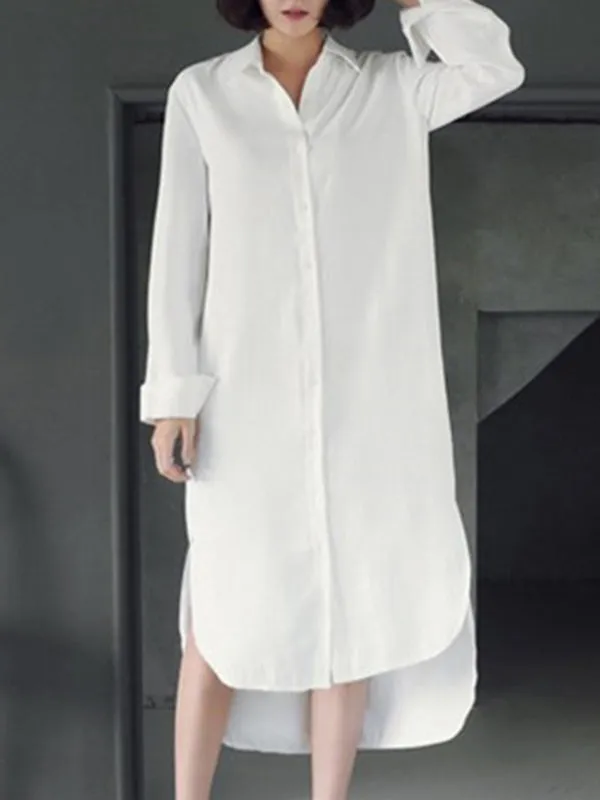 Simple Casual Solid Color Buttoned Lapel Collar Long Sleeves Midi Shirt Dress