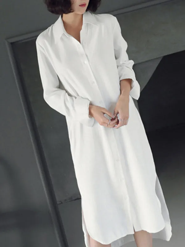 Simple Casual Solid Color Buttoned Lapel Collar Long Sleeves Midi Shirt Dress