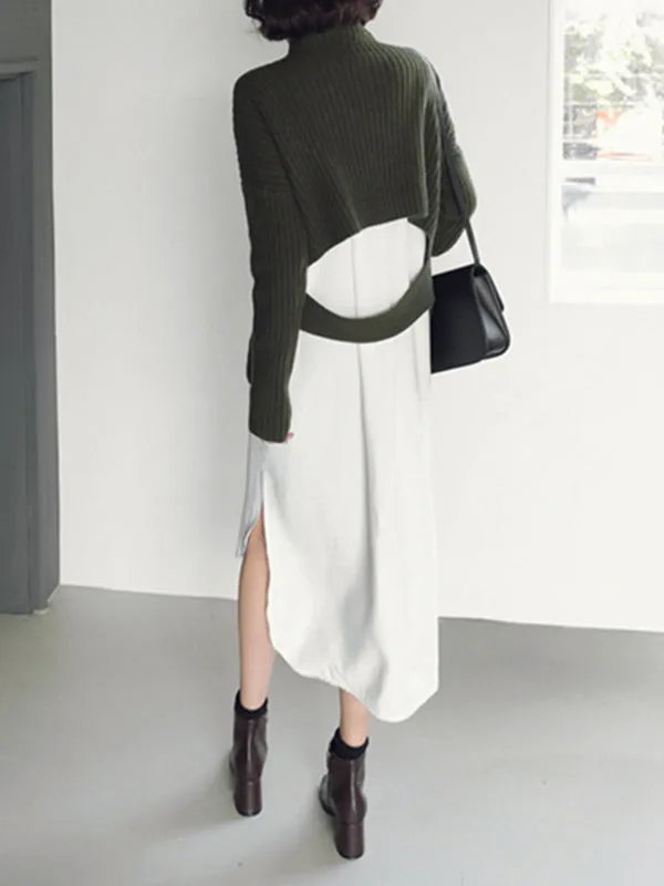 Simple Casual Solid Color Buttoned Lapel Collar Long Sleeves Midi Shirt Dress