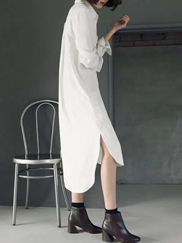 Simple Casual Solid Color Buttoned Lapel Collar Long Sleeves Midi Shirt Dress