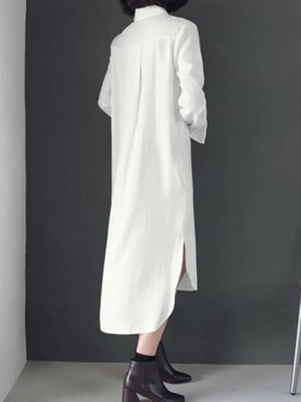 Simple Casual Solid Color Buttoned Lapel Collar Long Sleeves Midi Shirt Dress