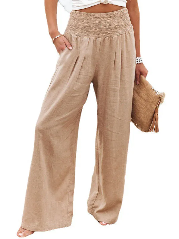 Simple Casual Solid Color Ramie Cotton Wide Legs Pants