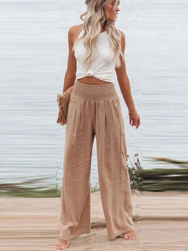 Simple Casual Solid Color Ramie Cotton Wide Legs Pants