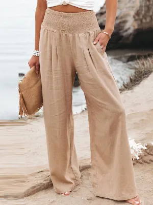 Simple Casual Solid Color Ramie Cotton Wide Legs Pants