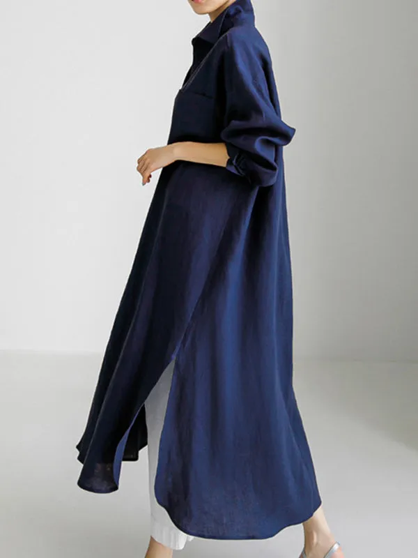 Simple Long Sleeves Split-Side Solid Color Lapel Midi Dresses Shirt Dress