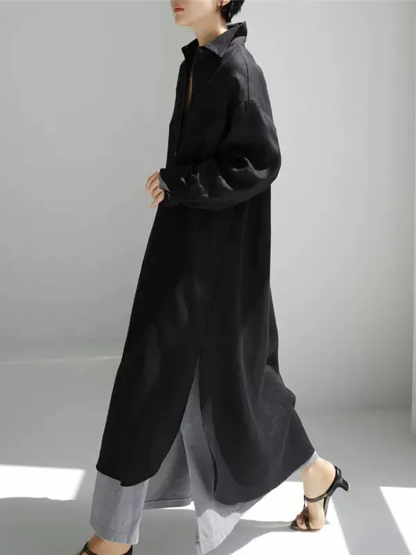 Simple Long Sleeves Split-Side Solid Color Lapel Midi Dresses Shirt Dress