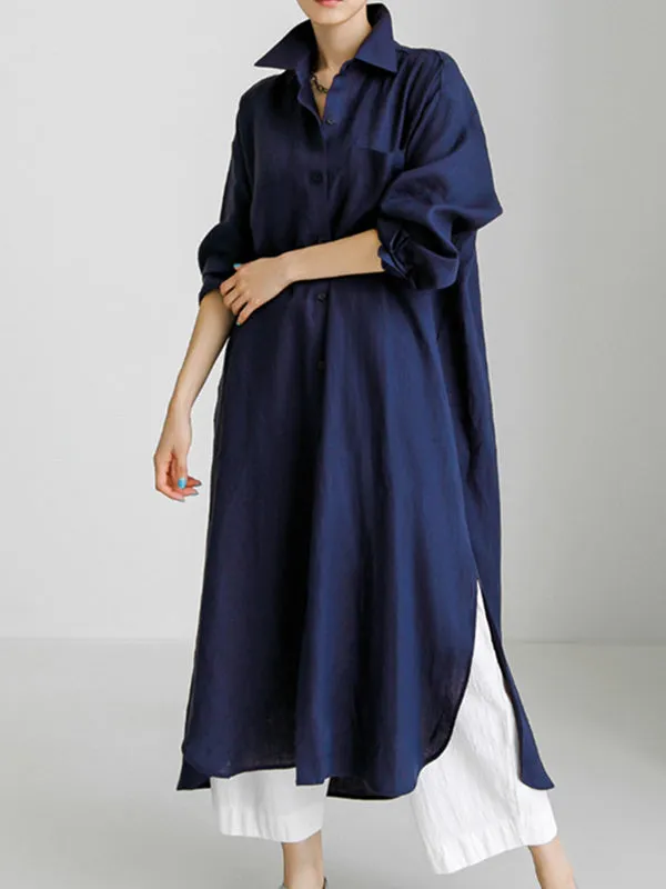 Simple Long Sleeves Split-Side Solid Color Lapel Midi Dresses Shirt Dress